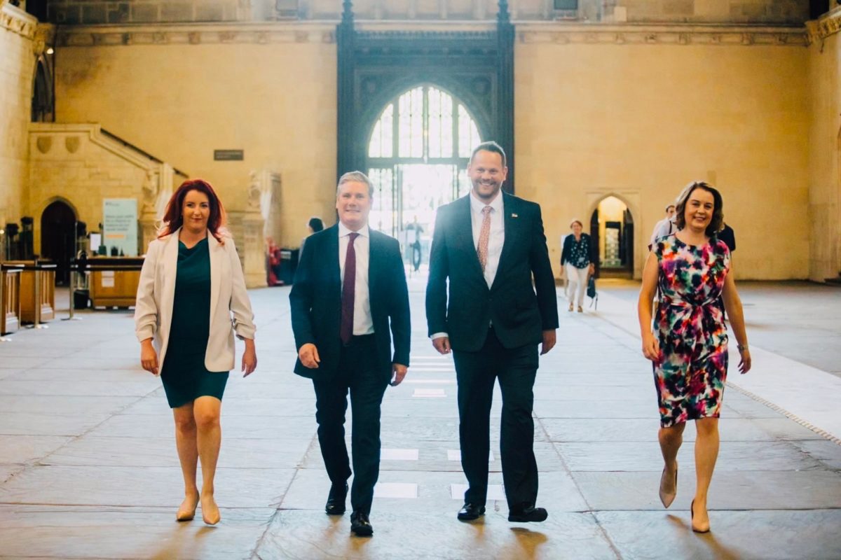 Stephanie Peacock MP, Louise Haigh MP and Sir Keir Starmer MP walking Simon Lightwood into Parliament