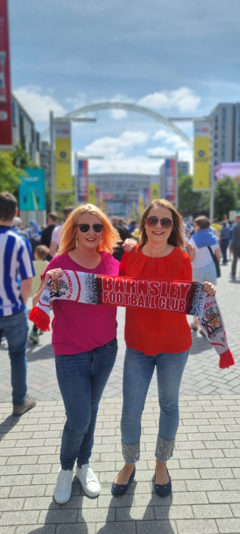 Stephanie Peacock MP and Louise Haigh MP supporting Barnsley FC at Wembley Stadium