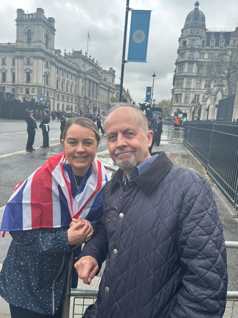 Stephanie Peacock MP celebrates the coronation of King Charles III in Westminster with her Dad