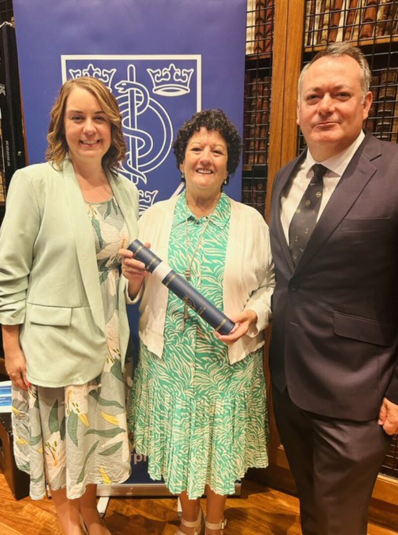 Stephanie Peacock MP joining Councillor Sharon Howard and Michael Dugher to collect a posthumous award on behalf of Jim Andrews
