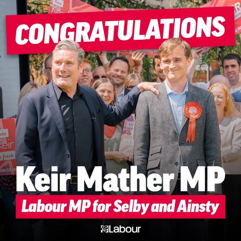Labour Party graphic congratulating Keir Mather as the new Labour MP for Selby and Ainsty