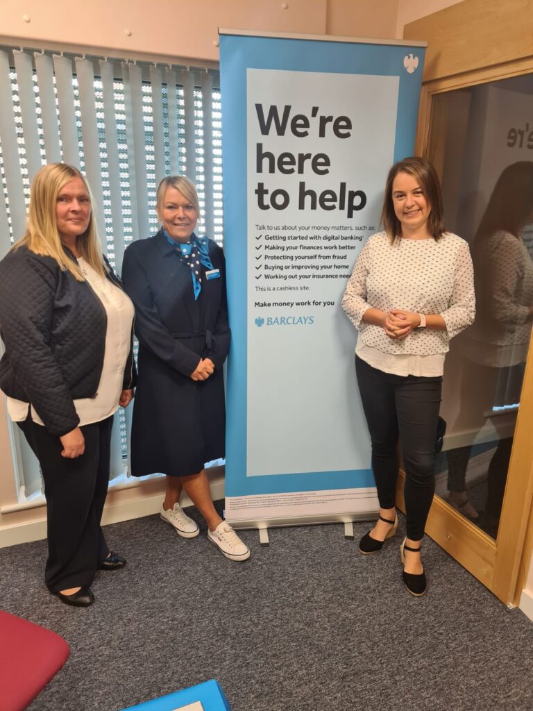Stephanie Peacock MP with Marie and Debra from Barclays at their new hub in Hoyland Library