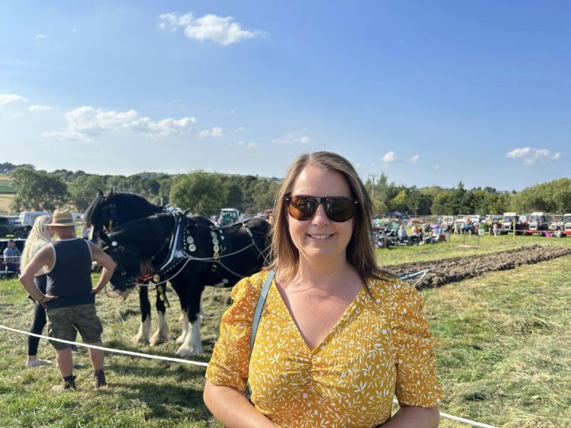 Stephanie Peacock MP at the Penistone Show standing in front of two Shire Horses