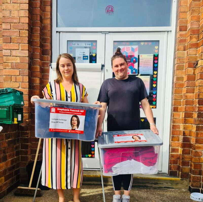 Stephanie Peacock MP donating leftover uniform from her summer uniform exchange to the Salvation Army in Goldthorpe