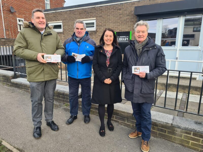 Stephanie Peacock MP campaigning in Worsbrough with Cllr Kevin Osbourne, Cllr Roy Bowser and Cllr John Clarke