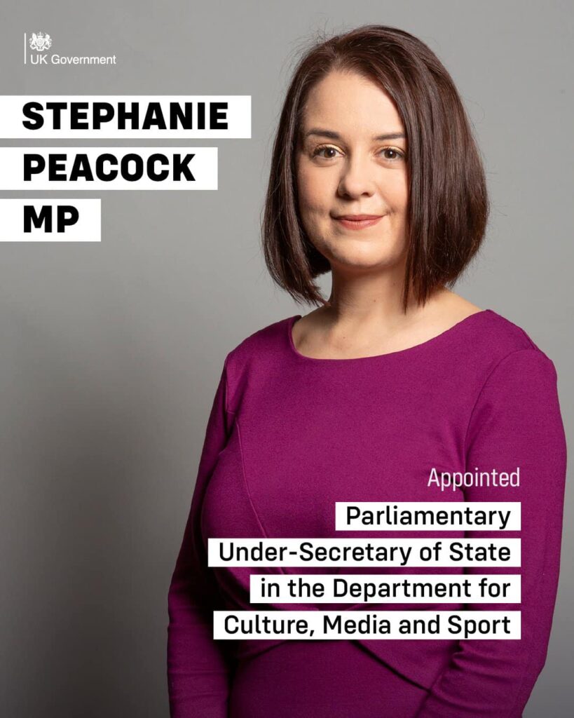 Stephanie Peacock MP has been appointed Parliamentary Under Secretary of State in the Department of Culture, Media and Sport