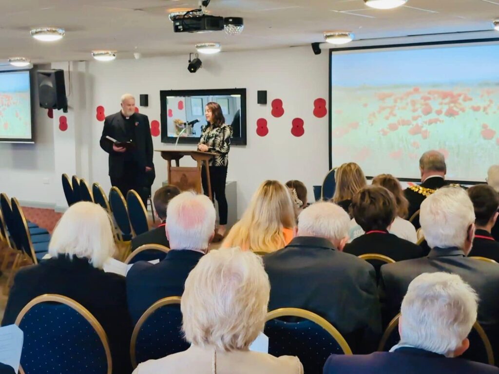 Stephanie Peacock MP speaks at the Shaw Lane Sports Club Remembrance Service