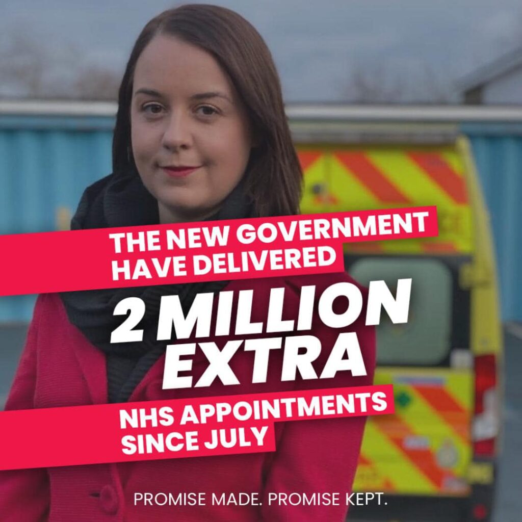 Graphic reading 'The New Government Have Delivered 2 Million Extra NHS Appointments Since July'