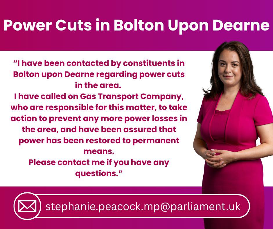 Stephanie Peacock MP's graphic about the power cuts in Bolton upon Dearne