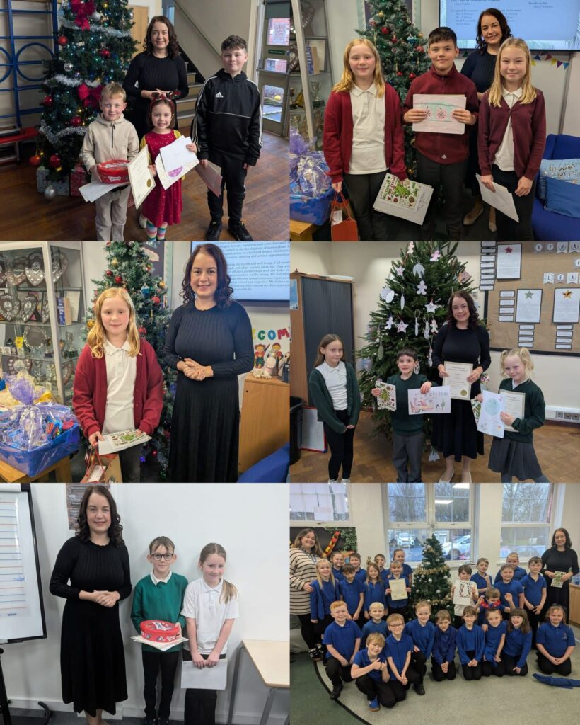 Stephanie Peacock MP presenting awards to Christmas Card Competition winners