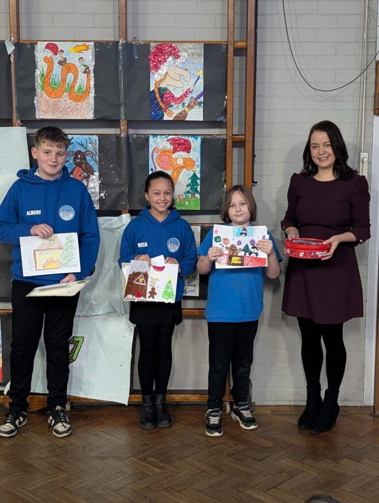 Stephanie Peacock MP presenting the last prizes for her Christmas Card Competition