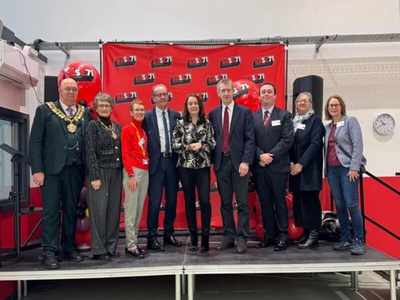 Stephanie Peacock MP at the launch of Base71, along with Dan Jarvis MP, Cllr Sir Steve Houghton, the Mayor and Mayoress of Barnsley, and local Councillors