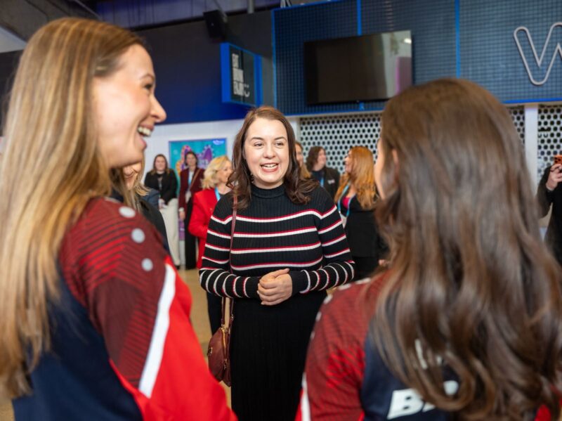 Stephanie Peacock MP speaking to members of Team GB at the European Figure Skating Championships in Sheffield